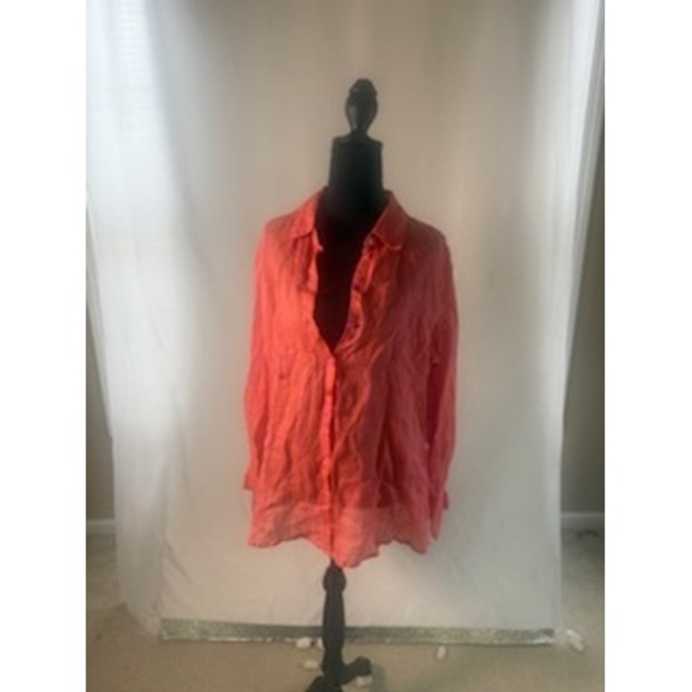 Nicole Miller New York 100% Linen Button Up Shirt Orange Pink Striped Womens M